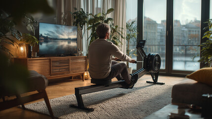 Man exercising using rowing machine at home watching television placed in modern living room