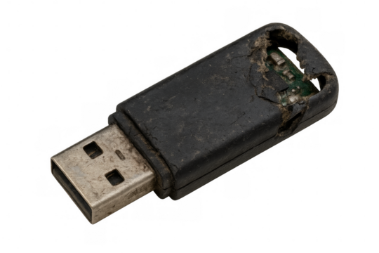 Broken and damaged usb flash drive on transparent background