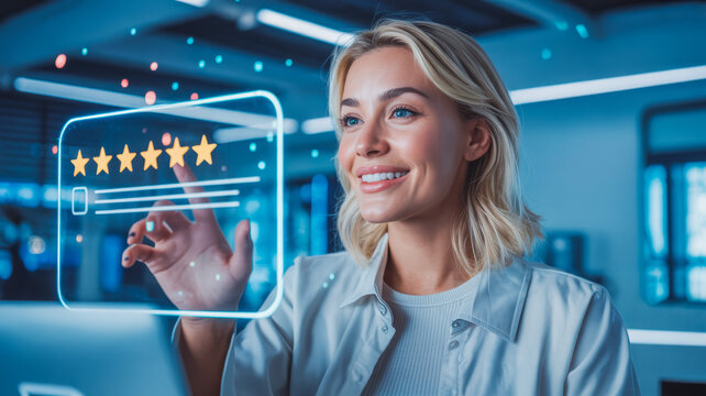A woman interacts with a futuristic transparent touchscreen, leaving a five-star rating. The modern, tech-driven environment highlights user experience and digital innovation focus.