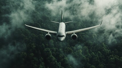 Obraz premium An aircraft is captured in flight above a dense, green forest, portraying the vastness of nature and the thrill of air travel, inviting wanderlust and adventure in the skies.