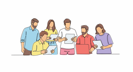 Continuous Line Drawing of Group of People Working Together