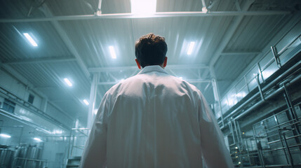 Food industry operator walking through a modern factory, dressed in a lab coat, showcasing a commitment to hygiene and quality control