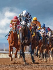 Leading the pack. A jockey and his Thoroughbred thunder down the track in front of the pack.Room for text or copy space