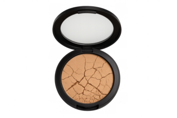 Dry cracked face powder with open lid on transparent background