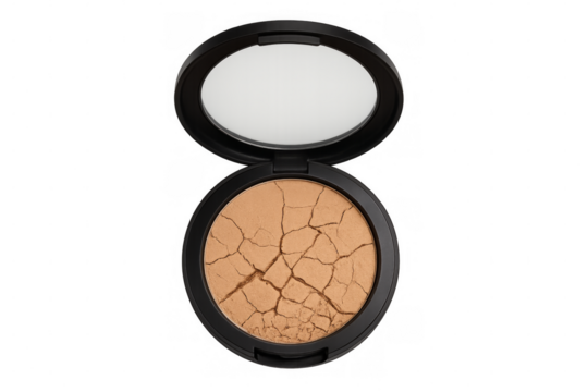 Dry cracked face powder with open lid on transparent background