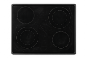 Black electric stove top showing four burners on transparent background
