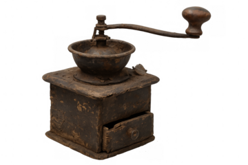 Old wooden coffee grinder on transparent background