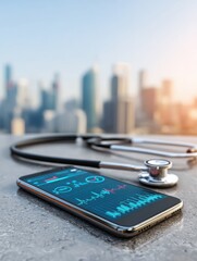 Remote patient monitoring with smart devices, a smartphone displays health data beside a stethoscope, symbolizing the intersection of technology and healthcare, landscape with blank space for text