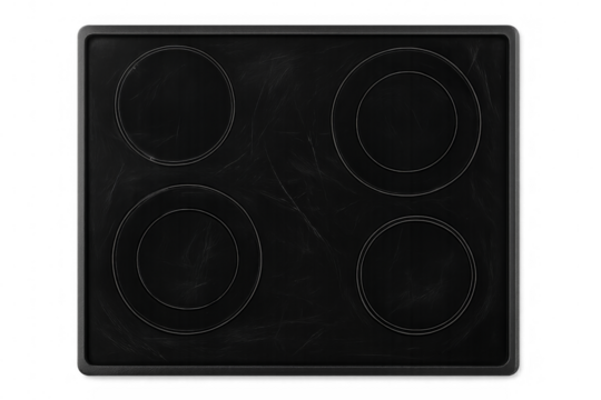 Black electric stove top showing four burners on transparent background
