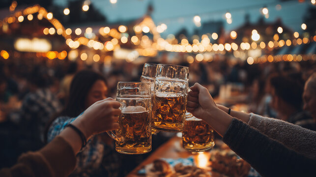 Friends enjoying a toast with beer steins at the Oktoberfest celebration in Munich, Germany
