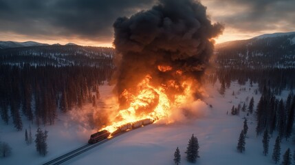 An intense image depicting a fiery explosion from a train against a serene snowy landscape, creating a stark contrast between nature and human industry.