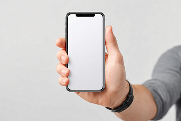 A hand holding up a modern smartphone with a blank screen. It is showcasing a digital display for app, media, or any visual presentation