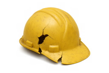 Broken yellow hard hat showing workplace safety issues on transparent background