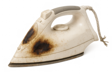 Old burnt dirty iron on transparent background showing signs of wear and tear