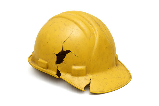 Broken yellow hard hat showing workplace safety issues on transparent background