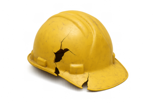 Broken yellow hard hat showing workplace safety issues on transparent background