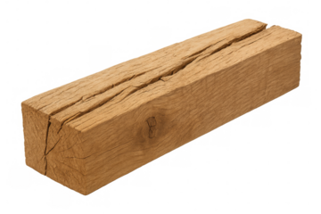 Solid rectangular piece of wood showing cracks and knots on transparent background