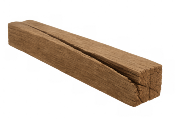 Rectangular wooden beam showing deep cracks on transparent background