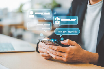 A person interacts with a smartphone, engaging in a chatbot conversation. Speech bubbles show the chat flow, with prompts like "Hi" and "How can I help you?" signaling AI assistance. AI chat. 
