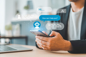 A person holds a smartphone with digital chat bubbles displaying AI-driven communication. The scene highlights advanced messaging technology with a blue AI chatbot icon. 