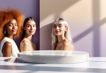 Obraz premium Elegant Empty Podium with Three Stylish Women in Soft Focus — Modern Ad Background