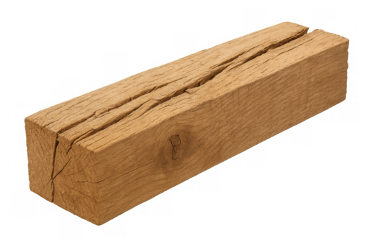 Solid rectangular piece of wood showing cracks and knots on transparent background