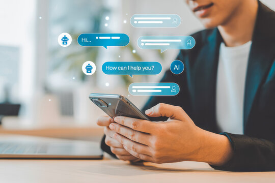 A person interacts with an AI chatbot on a smartphone, demonstrating modern digital communication. The chat interface shows AI responses, reflecting technological advancements in mobile technology.