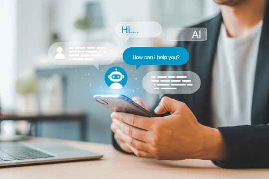 A person holds a smartphone with digital chat bubbles displaying AI-driven communication. The scene highlights advanced messaging technology with a blue AI chatbot icon. 