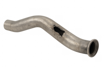 Rusty metal pipe showing corrosion and hole on transparent background
