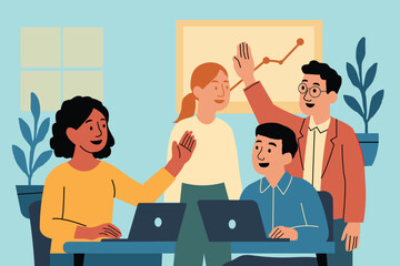 
Office team celebrating project completion with high fives Teamwork collaboration diversity and success in a professional business environment