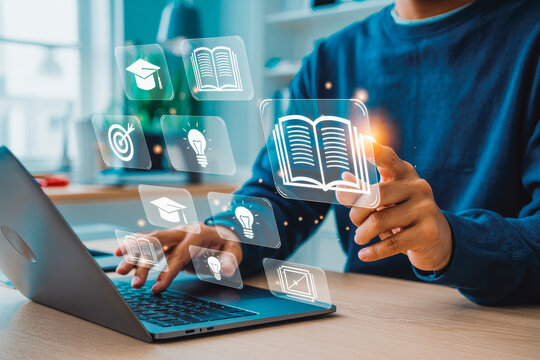 A person interacts with a laptop, engaging with virtual icons of education and innovation, symbolizing e-learning. The digital interface conveys ideas of online knowledge and learning solutions.