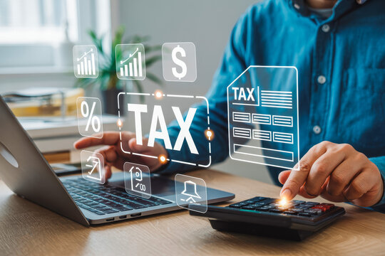 Business professional using a laptop and calculator with virtual tax graphics. Conceptual image of financial planning, tax calculation, and digital finance management. Efficient tax solutions.