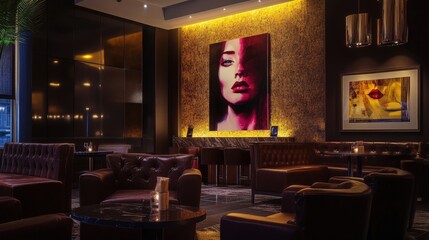 Stylish lounge interior with captivating artwork, perfect for relaxing and enjoying a drink. Vibrant colors create a warm atmosphere.