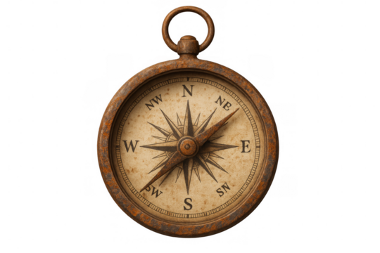 Rusty compass pointing north east on transparent background
