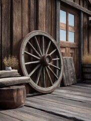Obraz premium Scene with vintage western theme featuring wagon wheel and timber planks