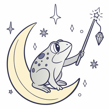 Naklejki Happy Frog with sitting on a moon, set in a charming Starry night theme – Magical Night color vector art