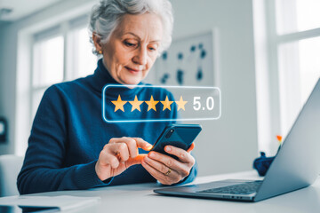 Elderly woman in a blue sweater uses a smartphone, leaving a 5-star review rating. A laptop sits nearby. Bright, blurred background emphasizes the digital interaction and positive feedback.