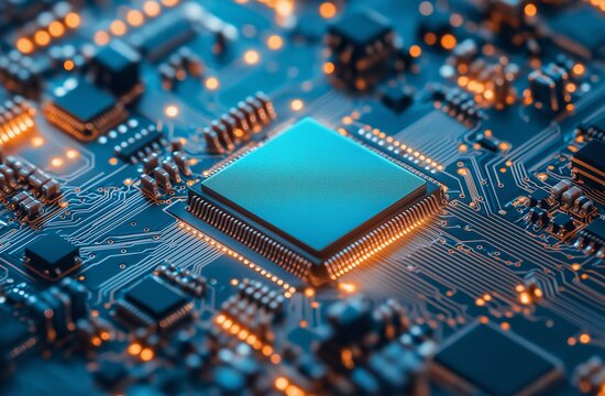Circuit board with microchip and glowing connections at close range in a technology setting - Powered by Adobe