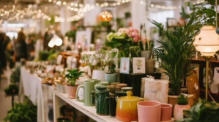 Vibrant plant market showcasing various potted plants and decorative items in a cozy indoor space