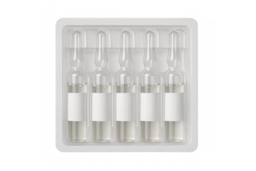 Medical glass ampoules or vials with blank labels in blister pack on transparent background