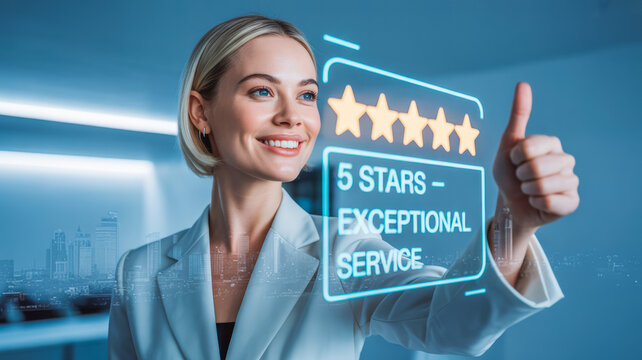 Smiling professional gives a glowing five-star review rating feedback, highlighting "Exceptional Service." Ideal for content emphasizing quality, customer satisfaction, or successful business.