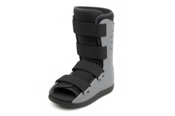 Medical walking boot on transparent background supporting injured foot
