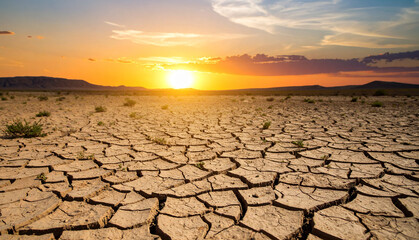 Dry and cracked soil pattern. Sunset over a cracked desert landscape
