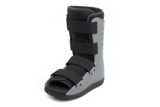 Medical walking boot on transparent background supporting injured foot