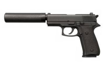 Modern handgun with silencer on transparent background