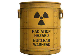 Yellow radioactive nuclear warhead container with radiation hazard symbol on transparent background