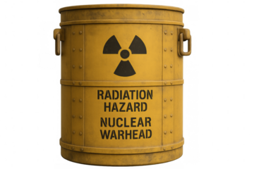 Yellow radioactive nuclear warhead container with radiation hazard symbol on transparent background