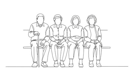Four Seniors Sitting on a Bench, Continuous Line Drawing