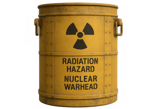 Yellow radioactive nuclear warhead container with radiation hazard symbol on transparent background