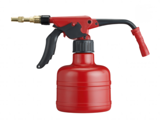 Red oil can sprayer isolated on white background for automotive and industrial maintenance, providing efficient lubrication.